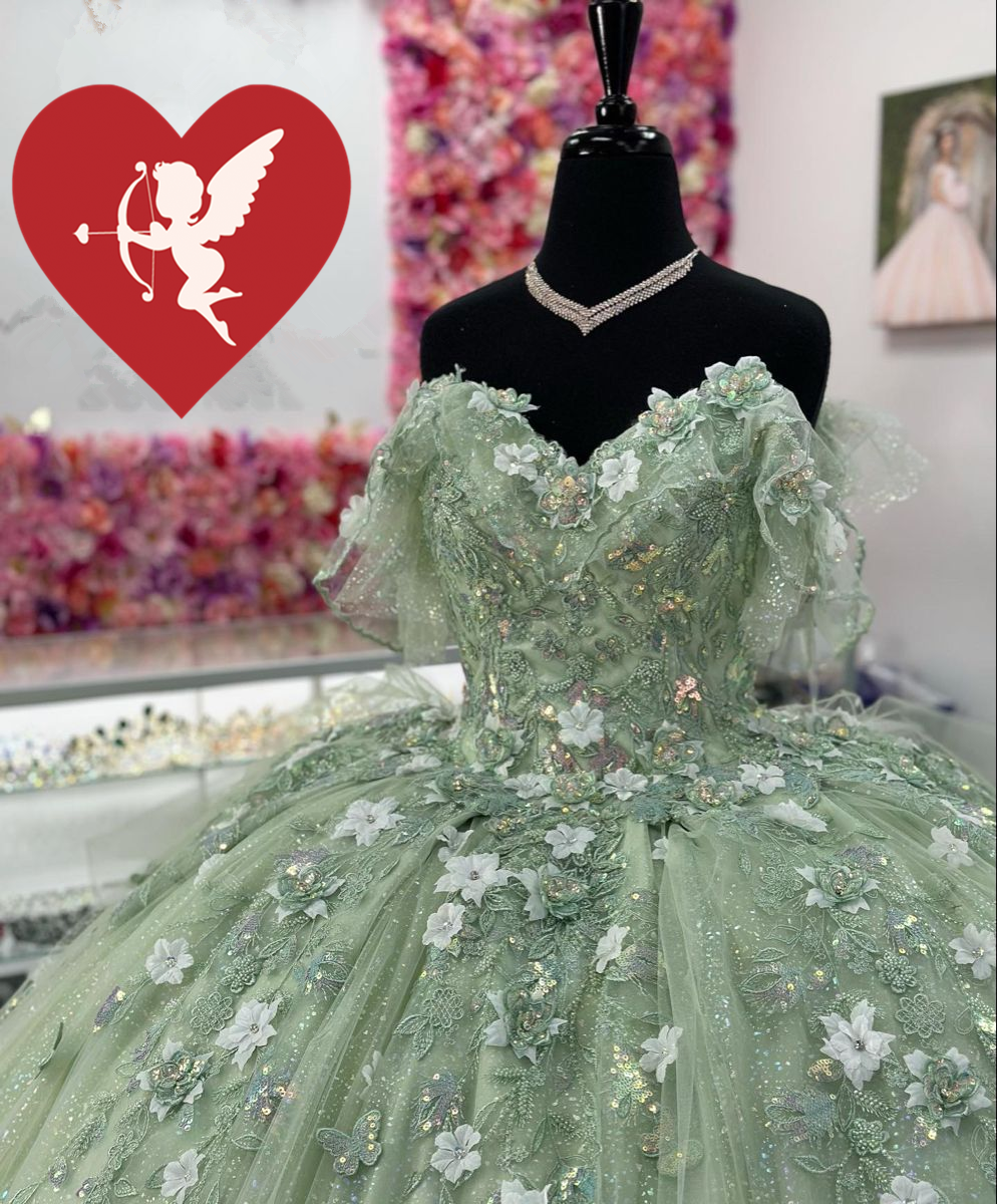 Sage Green Quinceanera Dresses With 3D Flowers Sweet 15 Birthday Ball Gown Y2614