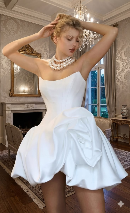 Elegant Strapless White Satin Pleated A Line Short 7th Homecoming Dress Cocktail Dress SP3044