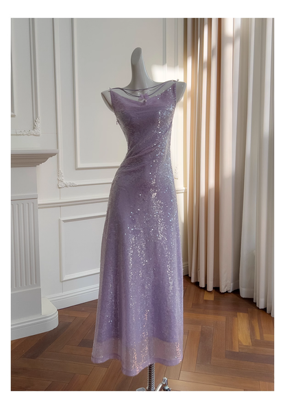 Sparkling Spaghetti Straps Purple Sequin Tulle Evening Dress Birthday Party Dress Y9027