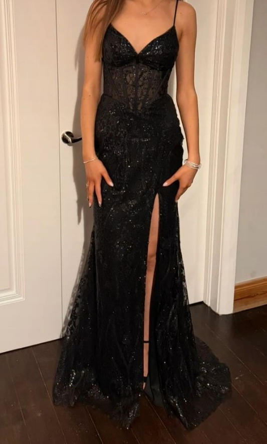 Sexy Spaghetti Straps Black Tulle Sequin Slit Mermaid Long Evening Dress Wedding Guest Dress SP1325