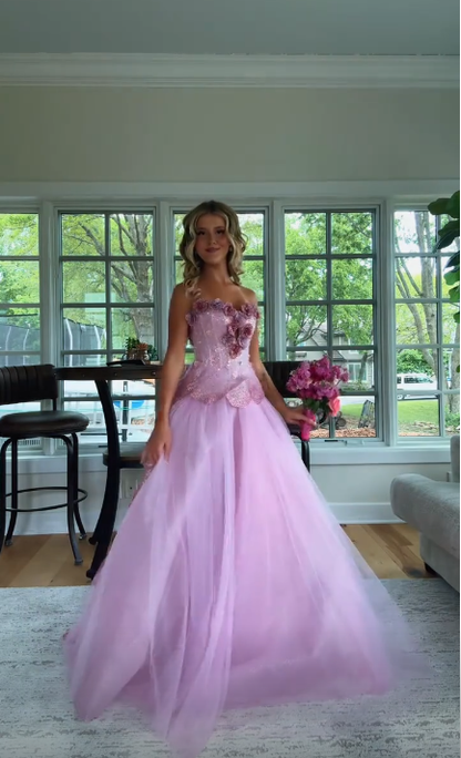 Glamorous Sweetheart Neck Tulle Sequin 3D Floral Long Party Dress,Pink Long Birthday Prom Dress SP3372