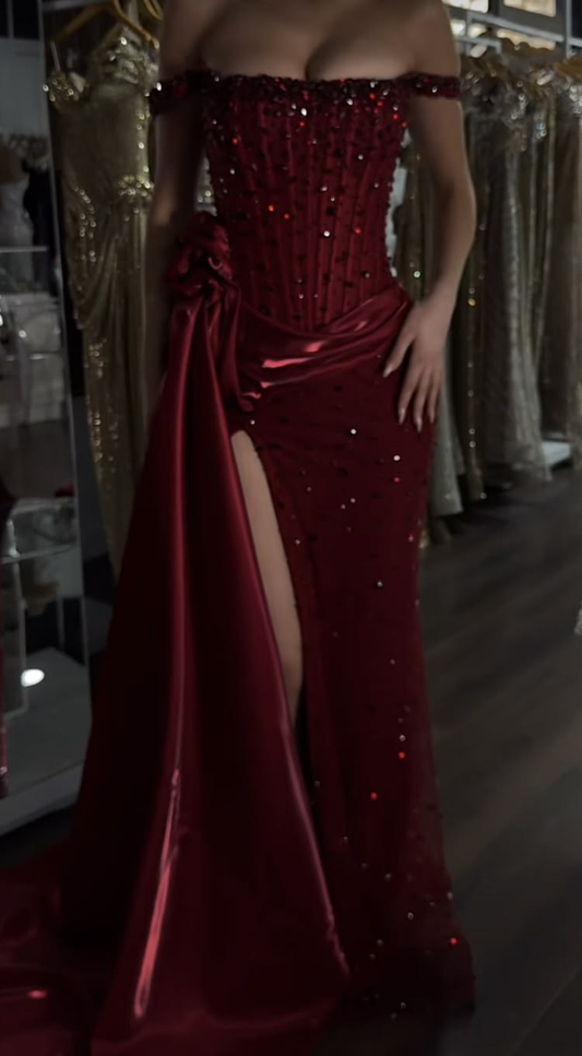 Charming Off The Shoulder Red Satin Tulle Beaded Slit Mermaid Party Dress Long Prom Dress SP3104