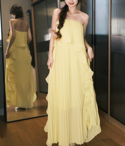 Chic Strapless Chiffon Pleated Long Party Dress Yellow Prom Dress SP2098