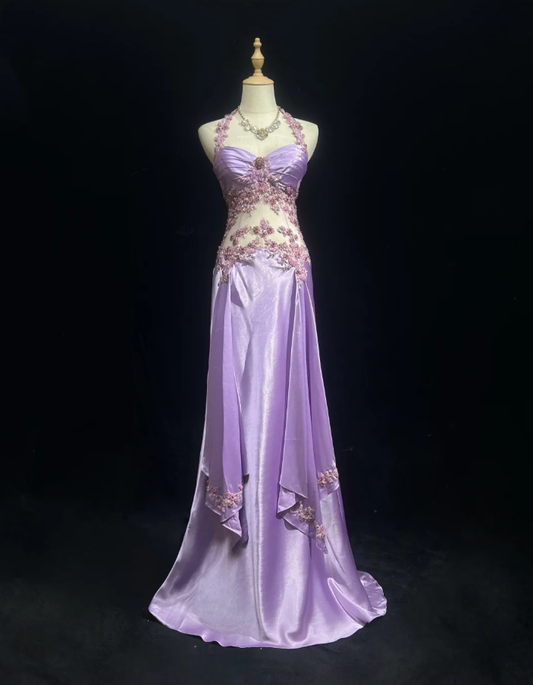 Pretty Halter Lavender Satin Beaded Mermaid Long Prom Dress Evening Dress SP1382