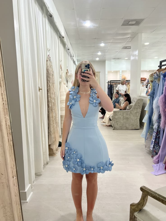 Unique Halter V Neck Satin Floral A Line Mini Birthday Dress,Blue Short 6th Grade Homecoming Dress SP3365