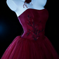 Glamorous Strapless Burgundy Tulle Beaded Long Birthday Prom Dress Party Gown SP2036