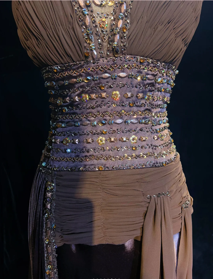 Vintage Brown Satin Chiffon Beaded Mermaid Long Party Dress Birthday Prom Dress SP1860