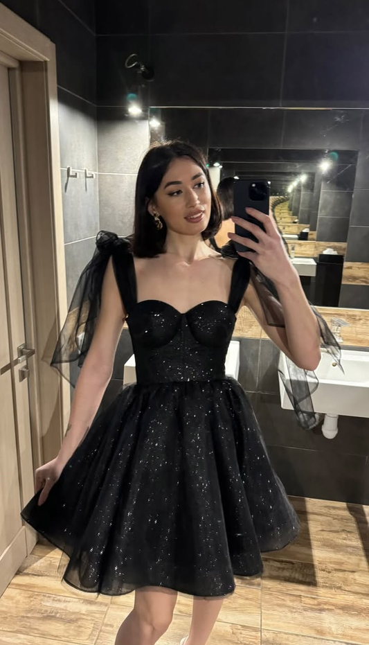 Sparkly Bow Straps Sequin Tulle A Line Short Birthday Dress,Black Short Graduation Homecoming Dress SP2797