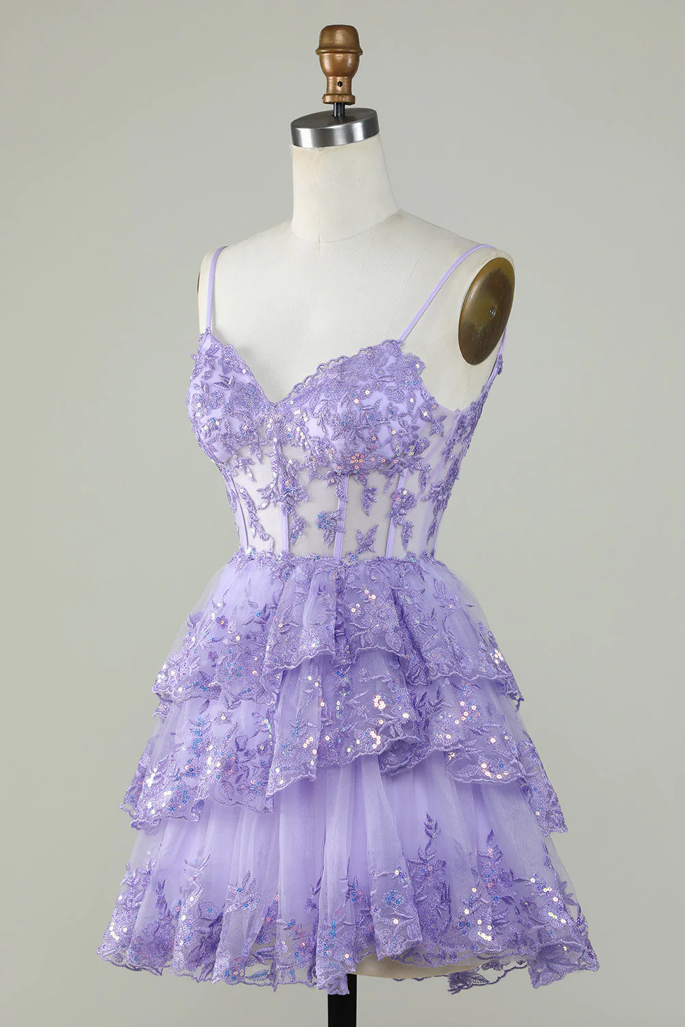 Straps Lavender Sequins Corset Layered Homecoming Dress Y2907