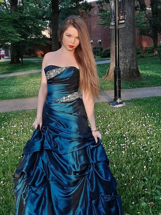 Retro Blue Strapless Satin Pleated Long Evening Dress Prom Dresses With Beads SP2128