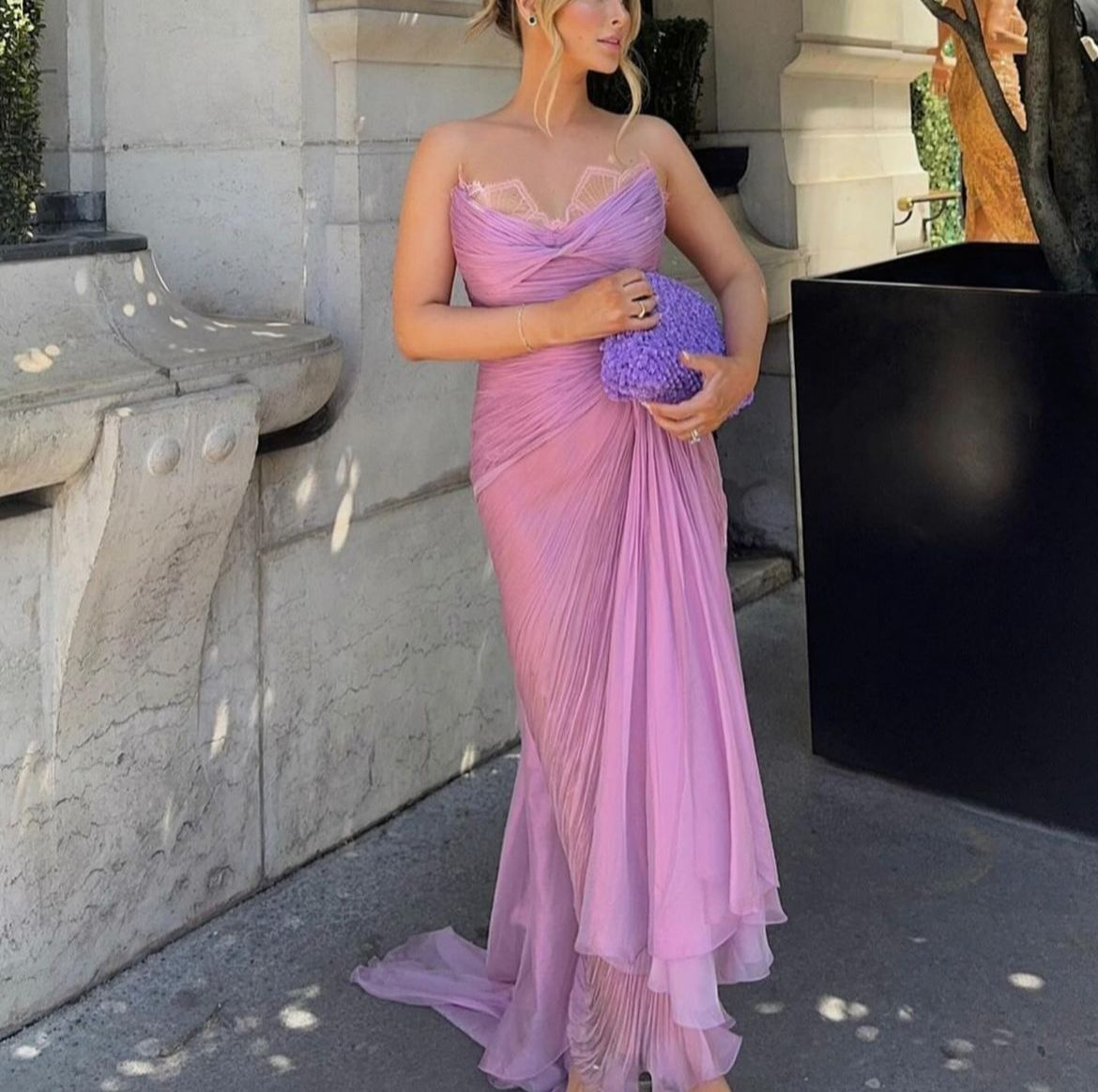 Pretty Strapless Lilac Tulle Pleated Slit Long Evening Dress Formal Wedding Guest Dress SP527