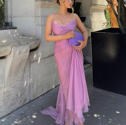 Pretty Strapless Lilac Tulle Pleated Slit Long Evening Dress Formal Wedding Guest Dress SP527