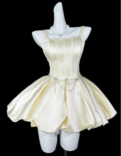 Fashion Light Champagne Satin A Line Short Graduation Homecoming Dress,Spaghetti Straps Short Prom Dress SP3543