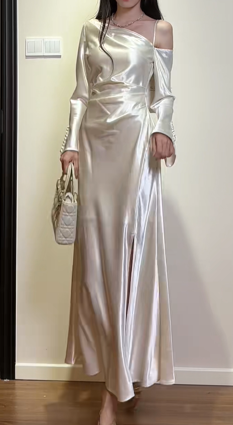 Chic White Off The Shoulder Satin Slit Mermaid Party Dress Long Prom Dresses SP428