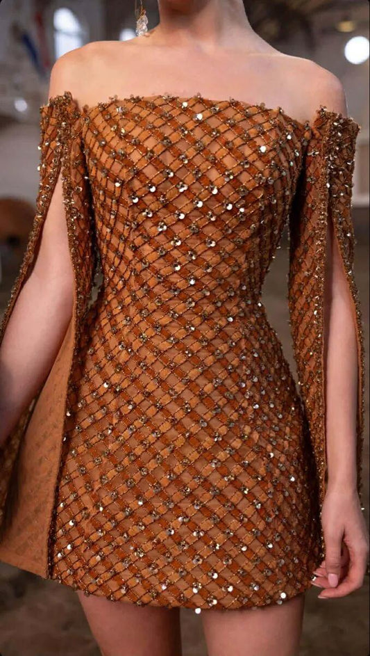 Gorgeous Caramel Brown Off Shoulder Split Sleeve Rhinestone Satin Bodycon Mini Cocktail Dress Formal Graduation Homecoming Dress SP2758
