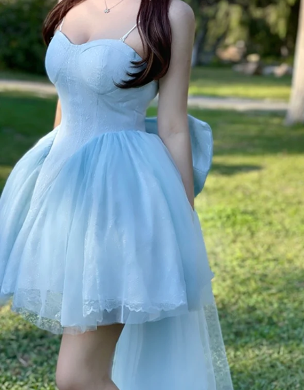 Fairy Blue Tulle Lace A Line Short 16th Birthday Outfits,Sweetheart Neck Mini Homecoming Dress With Bow SP3481