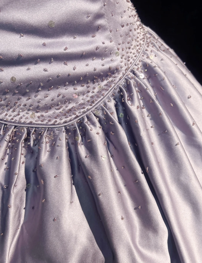 Elegant Strapless Ball Gown Lilac Satin Beaded Long Birthday Evening Dress SP1788