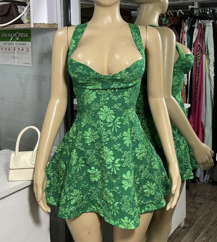 Vintage Halter Green Satin Print Floral A Line Cocktail Dress Formal Homecoming Dress Y9632