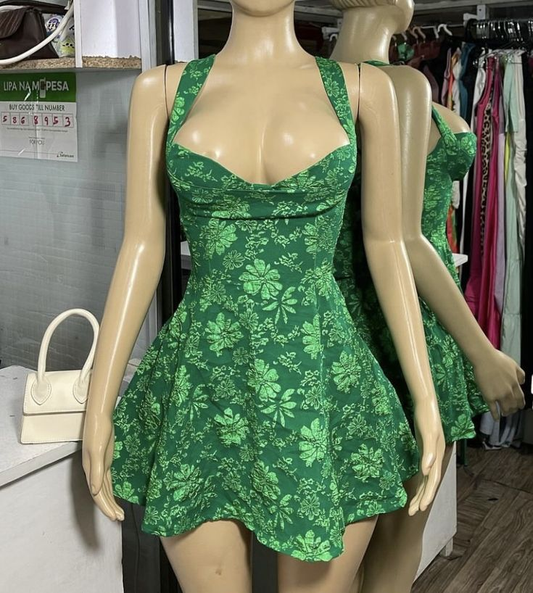 Vintage Halter Green Satin Print Floral A Line Cocktail Dress Formal Homecoming Dress Y9632