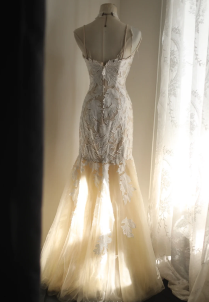 Vintage Spaghetti Straps Champagne Tulle White Lace Appliques Mermaid Long Wedding Dress SP1243