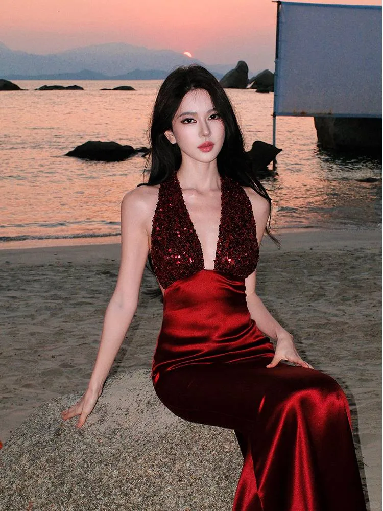 Sexy Halter Sequin Satin Mermaid Long Evening Dress Red Backless Birthday Prom Gowns SP2288