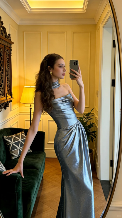 Chic Blue Strapless Satin Beaded Mermaid Long Party Dress Formal Wedding Guest Dress SP2064