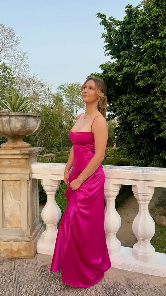 Classy Spaghetti Strap Hot Pink Satin A Line Bridesmaid Dress Long Wedding Guest Dress SP1046