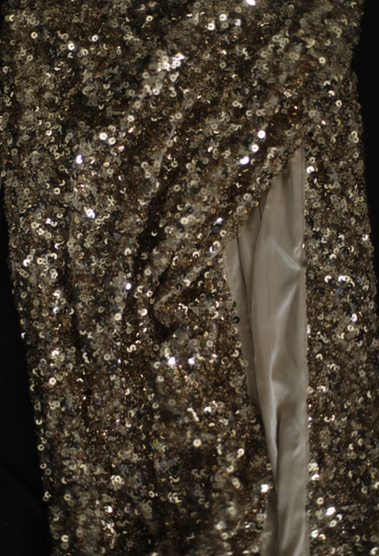 Pretty Spaghetti Straps Gold Sequin Slit Mermaid Long Wedding Guest Dress Birthday Party Gown SP1260