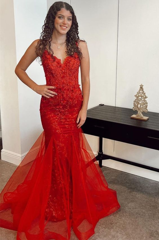 Red Appliques V-Neck Lace-Up Trumpet Long Prom Dress Y5955