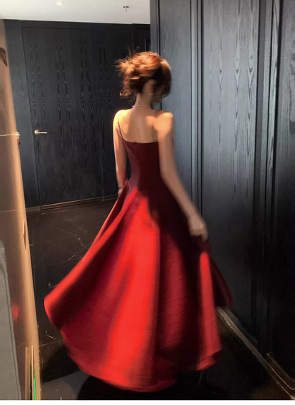 Elegant Burgundy Spaghetti Straps Satin A Line Long Party Dress Formal Wedding Guest Dress SP1493