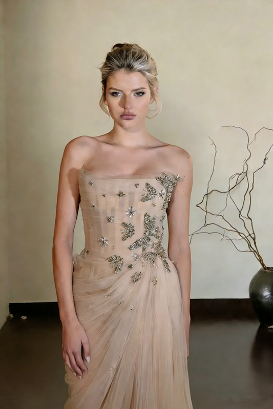 Elegant Tulle Pleated Beaded Mermaid Long Wedding Guest Dress Formal Birthday Party Dress Prom Gown SP1546