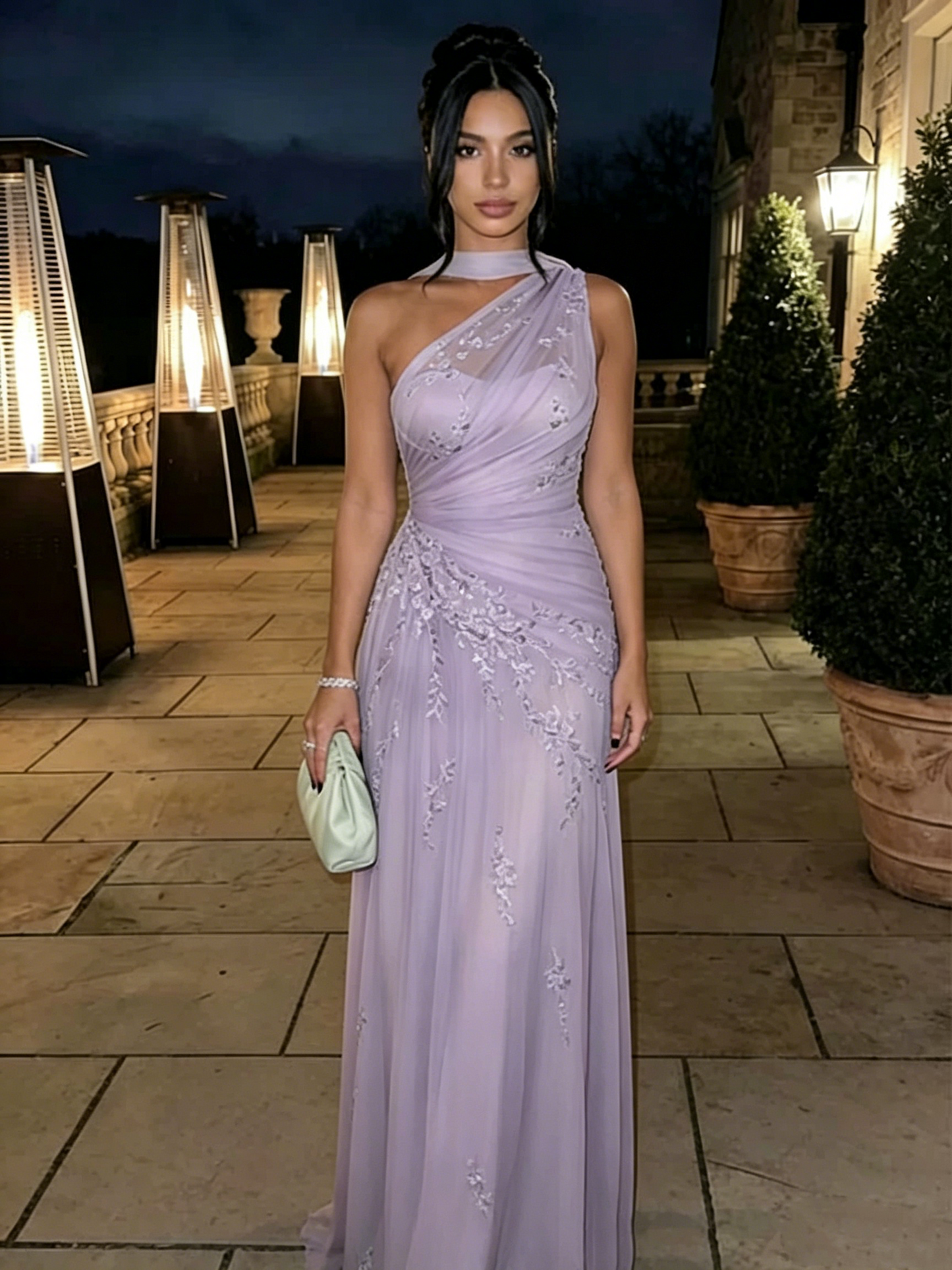 Glamorous Sage Green One-Shoulder Embroidered Chiffon Mermaid Prom Dress Long Evening Dress SP2301