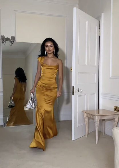 Stylish Yellow One Shoulder Satin Mermaid Long Party Dress Birthday Prom Dresses SP2146