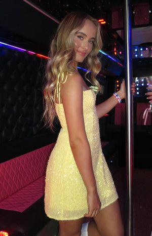 Sparkly Spaghetti Straps Yellow Sequin Short Homecoming Dress Short Prom Gown SP2883