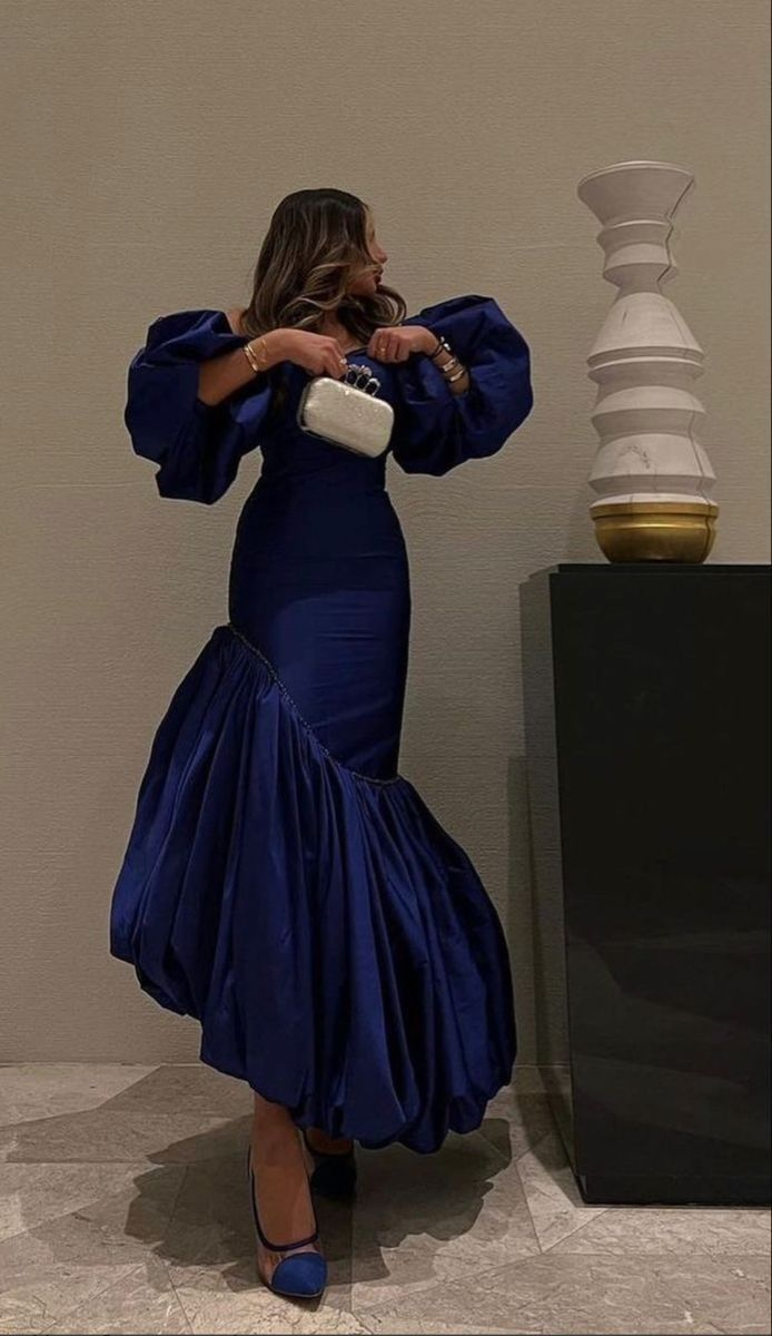 Unique Puff Sleeves Blue Pleated Mermaid Evening Dress Formal Prom Dress Y7789