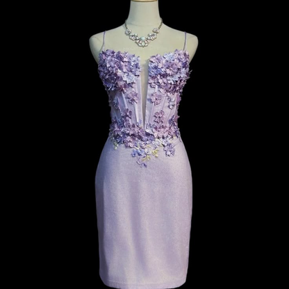 Classy Spaghetti Straps Purple Satin Appliques Sheath Short Homecoming Dress Birthday Outfits SP3633