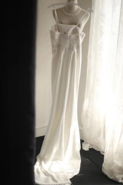 Elegant Spaghetti Straps White Satin Lace Beaded Mermaid Evening Dress Long Wedding Guest Dress SP1213