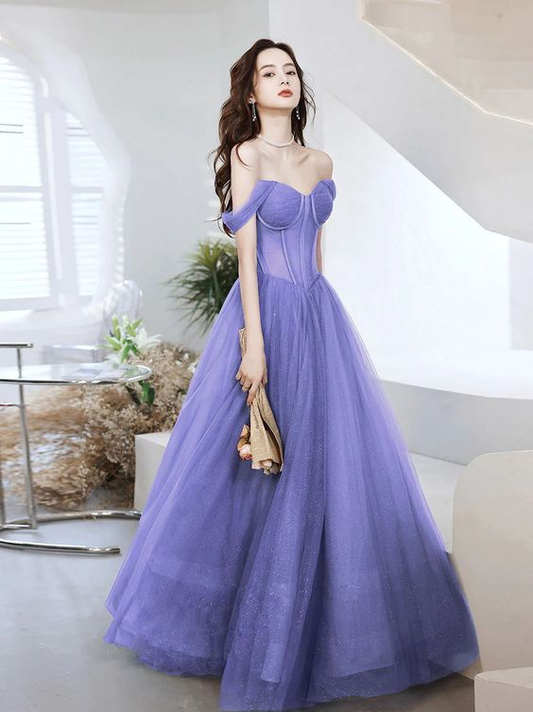 Purple Sweetheart Neck Tulle Long Prom Dress, Purple Formal Evening Graduation Dress Y5873