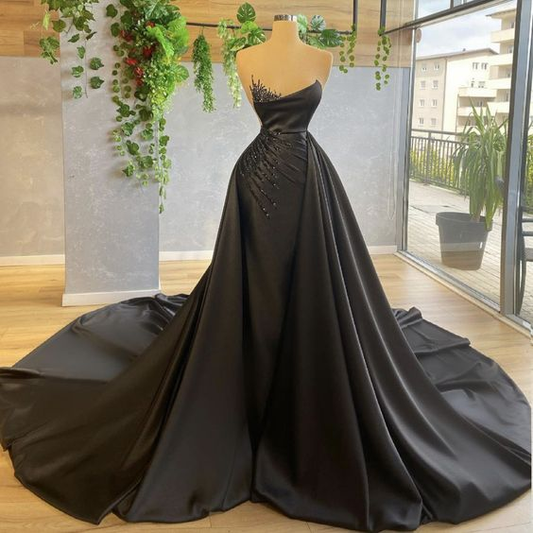 Black Detachable Train Prom Dresses For Women Beading Pleated Evening Dresses Y6676