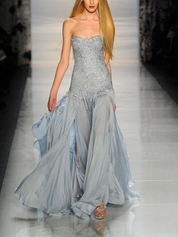 Pretty Strapless Chiffon Beaded Slit Mermaid Party Dress Blue Long Birthday Prom Dress SP4280