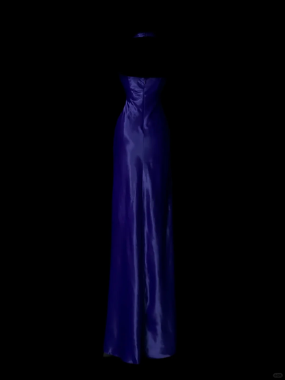Elegant Halter V Neck Satin Sequin Mermaid Long Party Dress Blue Long Birthday Evening Dress SP4070