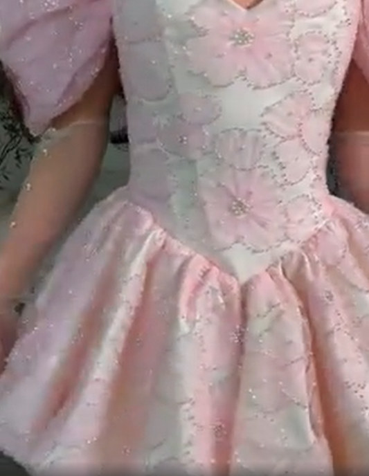 Glamorous Off The Shoulder Satin Tulle Floral Beaded A Line Mini Birthday Dress,Pink Short 6th Grade Homecoming Dress SP2932