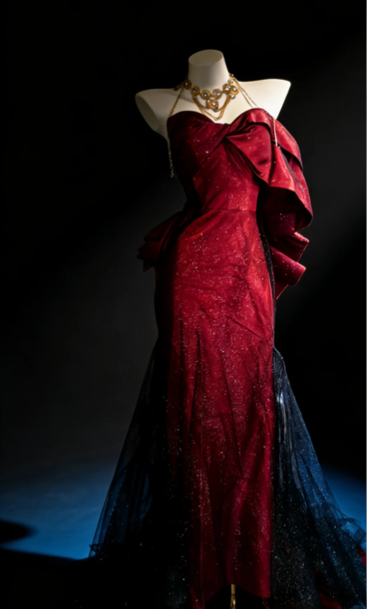 Pretty Red Bow Strapless Satin Tulle Mermaid Long Birthday Party Dress Prom Dresses SP1632