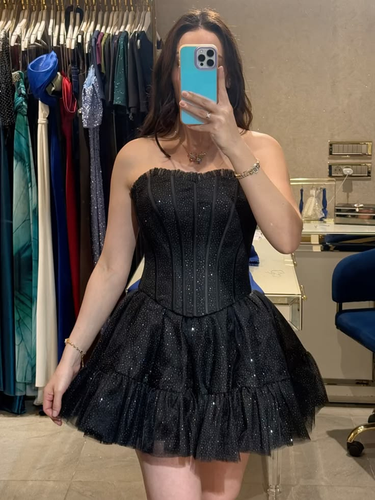 Shiny Black Tulle Sequin Short Homecoming Dress,Strapless A Line Mini Birthday Outfits SP2851