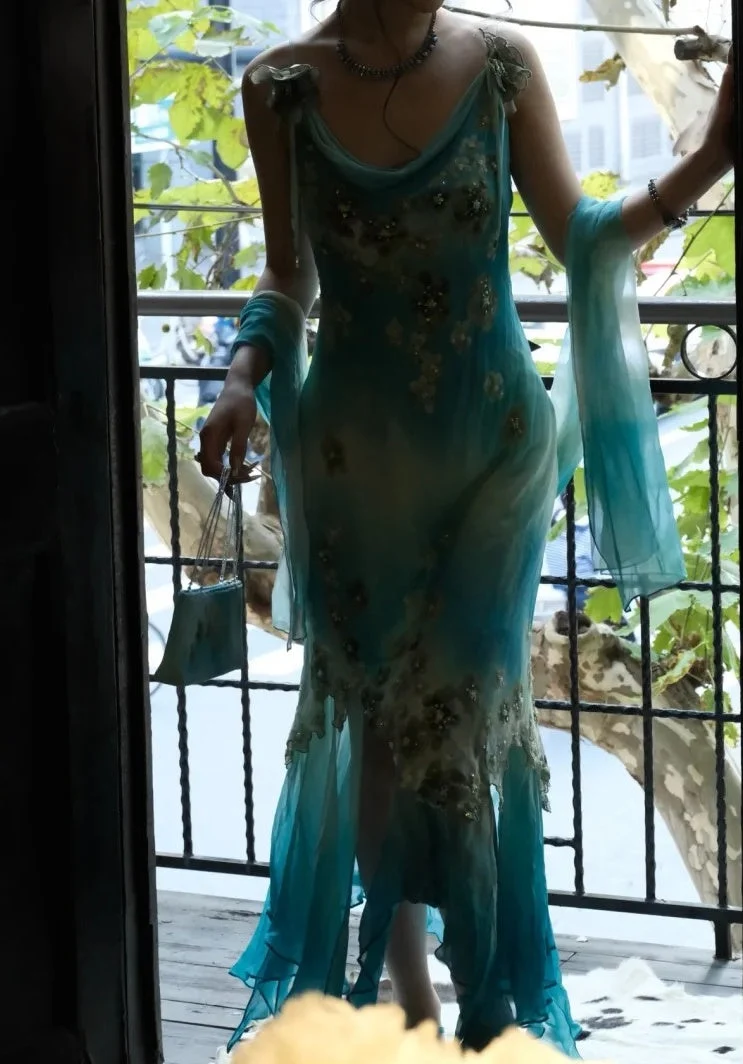 Charming Spaghetti Straps Chiffon Applique Long Birthday Party Dress Blue Long Prom Dresses SP3861