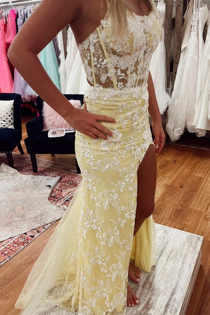 Yellow Floral Lace Backless Mermaid Long Prom Dress with Slit Y2394