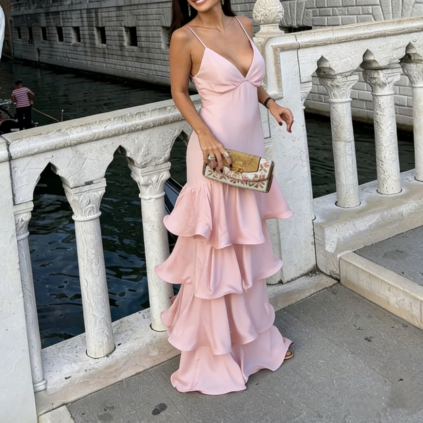 Classy Spaghetti Straps Burgundy Satin Layered Mermaid Evening Dress Long Wedding Guest Dress SP1304