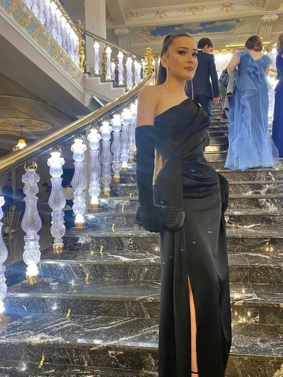 Sexy One Shoulder Slit Black Evening Dress Prom Dress With Gloves Y7686