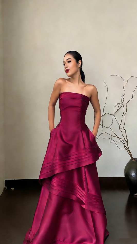 Pretty Strapless Dark Fuchsia Satin Layered Long Wedding Guest Dress Formal Party Dress Birthday Prom Dress SP1527