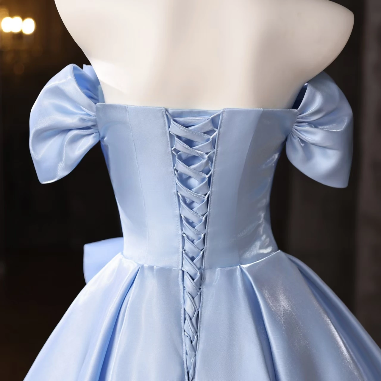 Classy Blue Satin Off the Shoulder Pleated Homecoming Dress,A Line Short Birthday Outfits SP3431